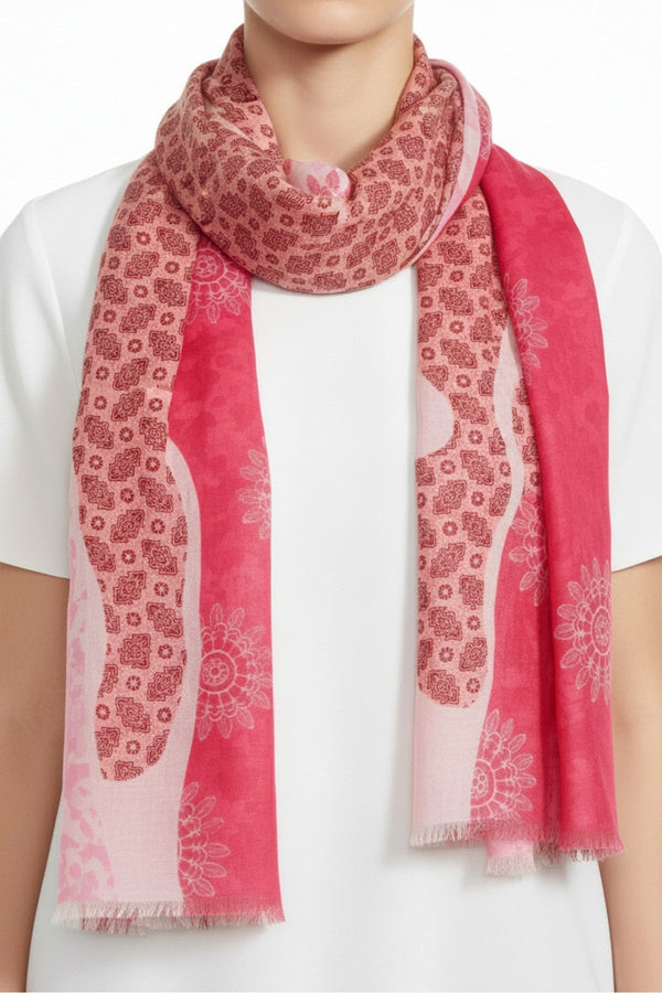 Carraig Donn Pink Mixed Pattern Print Cotton & Viscose Blend Scarf