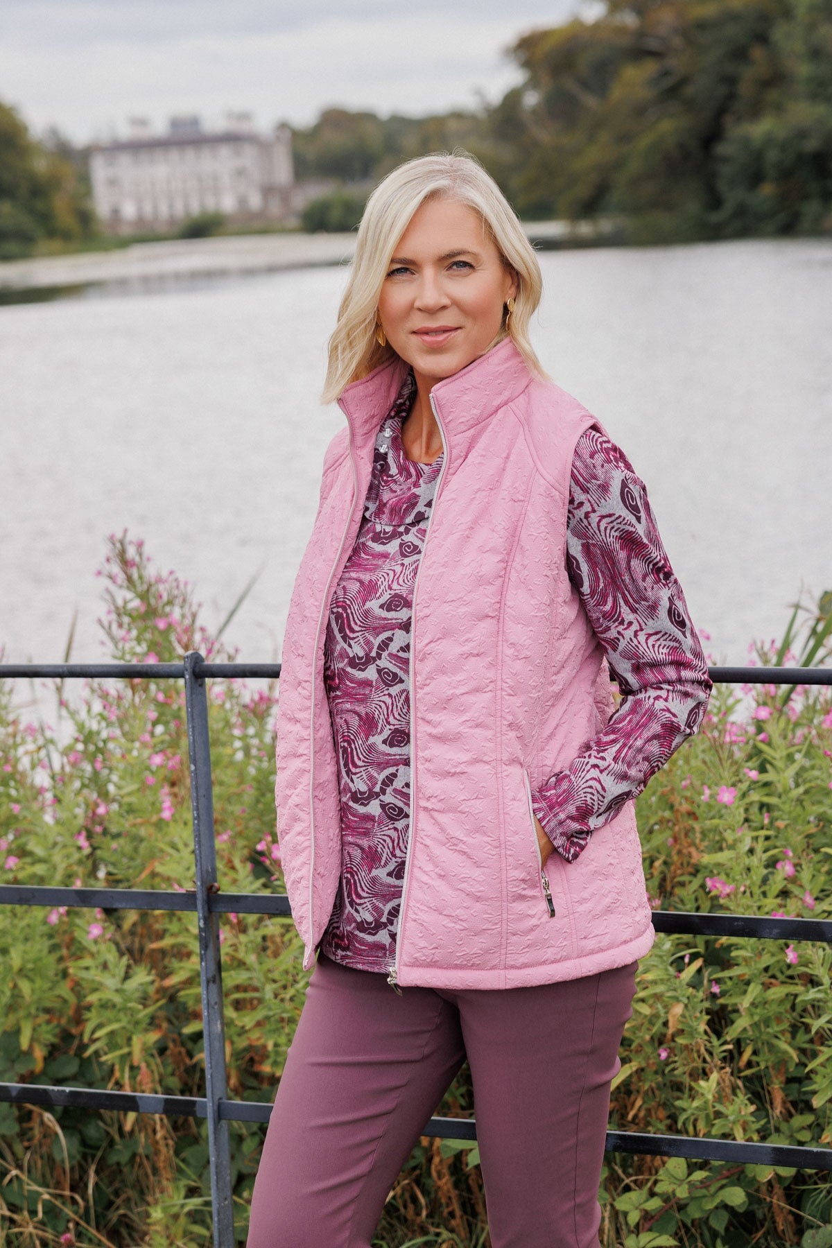 Pink Padded Quilted High Neck Zip Pocket Gilet