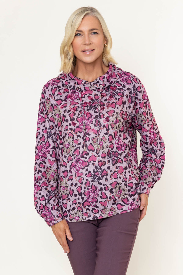 Carraig Donn Pink Print Cowl Neck Rhinestone Detail Long Sleeve Top