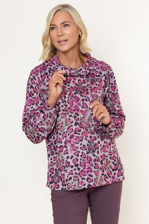 Pink Print Cowl Neck Rhinestone Detail Long Sleeve Top
