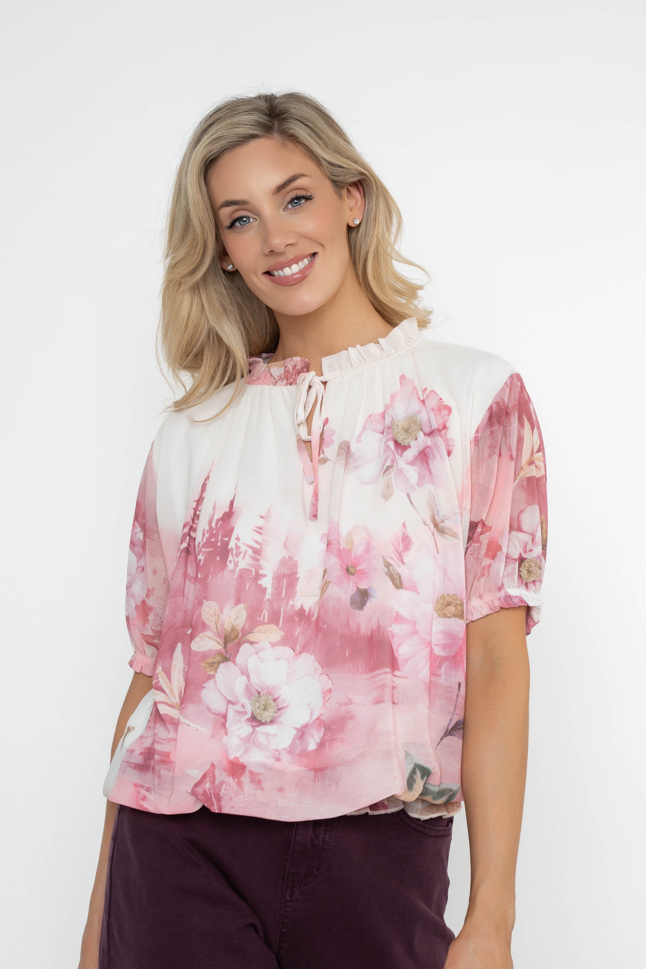 Pink Printed Short Sleeve Tie Neck Top