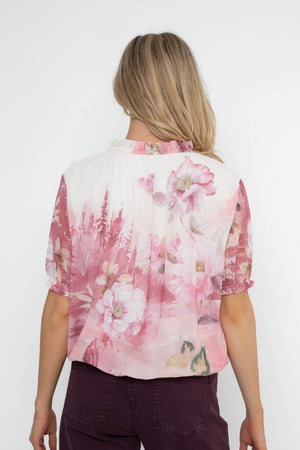 Carraig Donn Pink Printed Short Sleeve Tie Neck Top