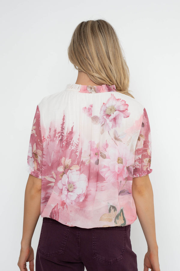 Carraig Donn Pink Printed Short Sleeve Tie Neck Top