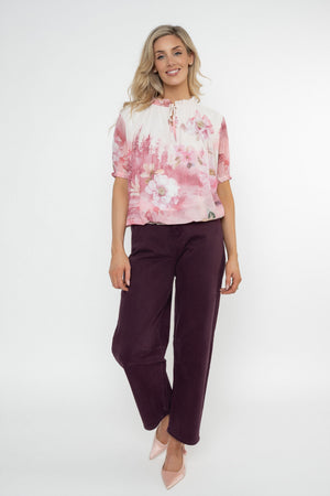 Carraig Donn Pink Printed Short Sleeve Tie Neck Top