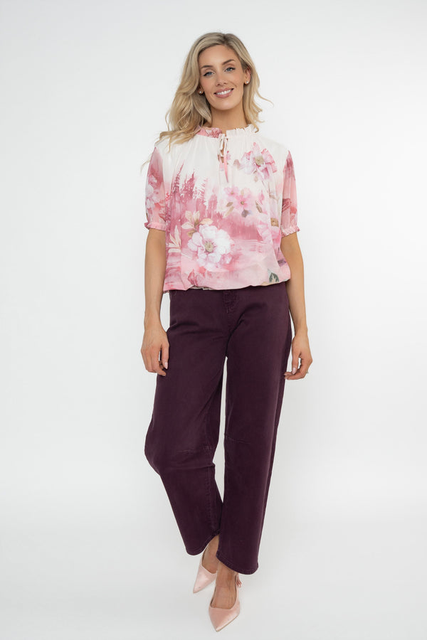Carraig Donn Pink Printed Short Sleeve Tie Neck Top