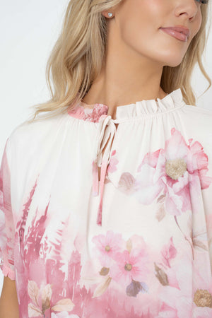 Carraig Donn Pink Printed Short Sleeve Tie Neck Top