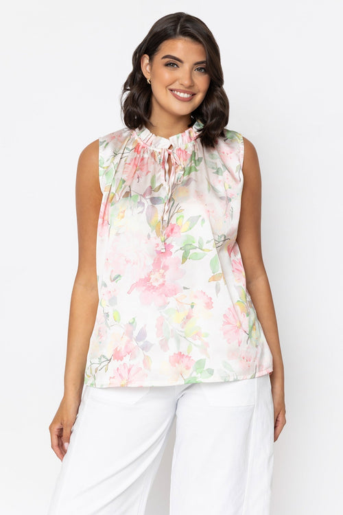 Pink Sateen Tie Neck Sleeveless Top