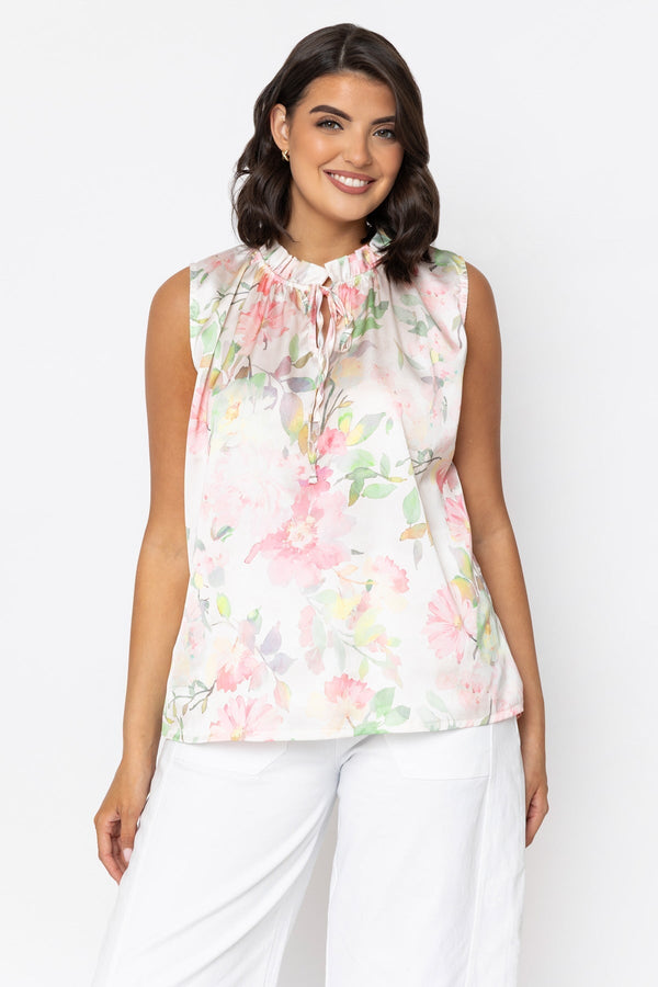 Carraig Donn Pink Sateen Tie Neck Sleeveless Top