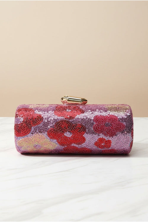Pink Sequin Red Floral Print Cylindrical Clutch Bag