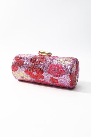 Carraig Donn Pink Sequin Red Floral Print Cylindrical Clutch Bag