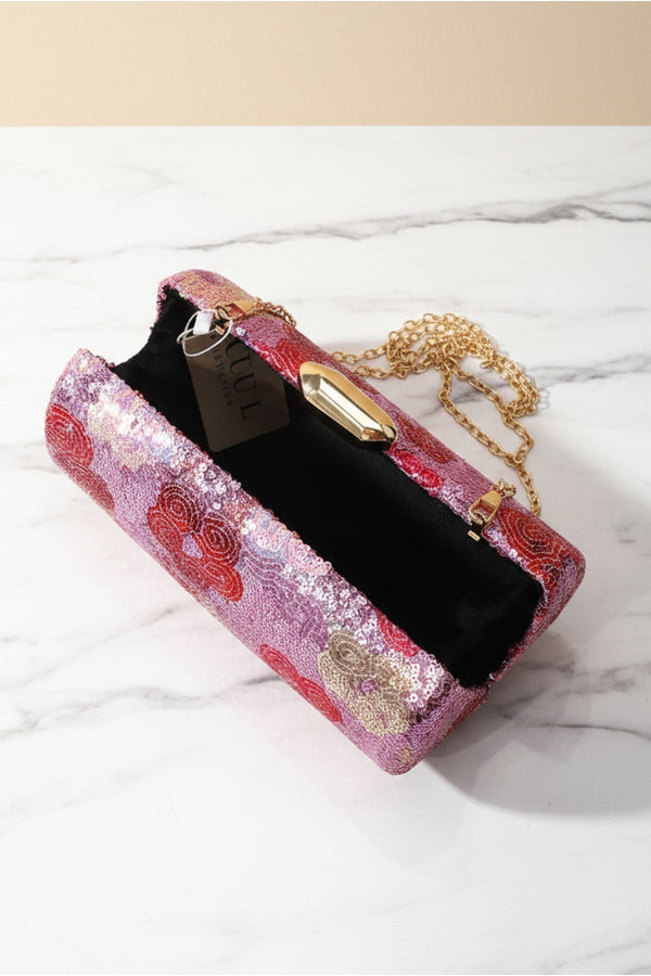 Carraig Donn Pink Sequin Red Floral Print Cylindrical Clutch Bag