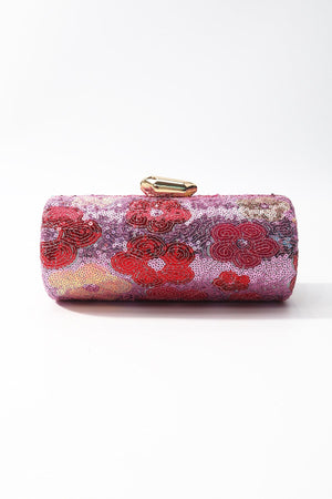 Carraig Donn Pink Sequin Red Floral Print Cylindrical Clutch Bag