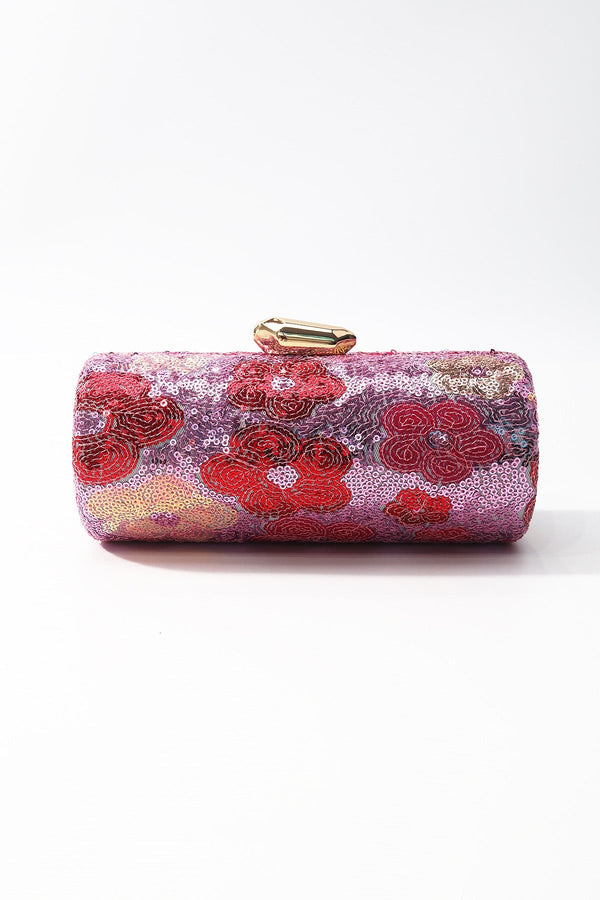 Carraig Donn Pink Sequin Red Floral Print Cylindrical Clutch Bag
