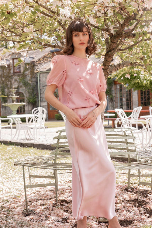 Pink Short Sleeve Top with Bow Detail Appliqué