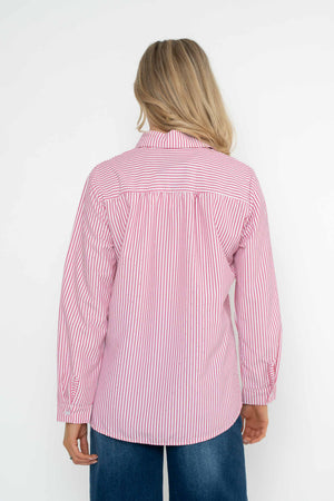 Carraig Donn Pink Stripe Cotton Oversized Studded Long Sleeve Shirt