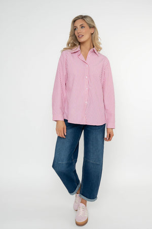 Carraig Donn Pink Stripe Cotton Oversized Studded Long Sleeve Shirt