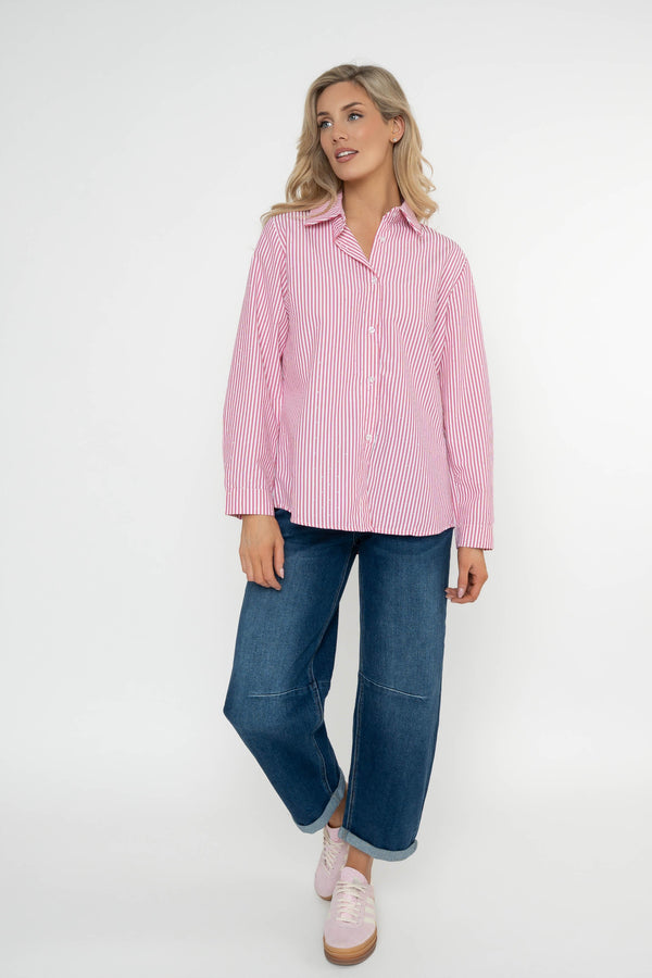 Carraig Donn Pink Stripe Cotton Oversized Studded Long Sleeve Shirt