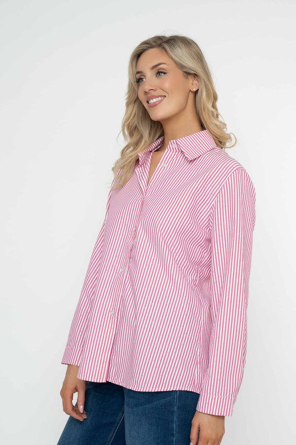 Carraig Donn Pink Stripe Cotton Oversized Studded Long Sleeve Shirt