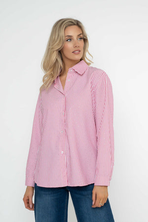 Carraig Donn Pink Stripe Cotton Oversized Studded Long Sleeve Shirt