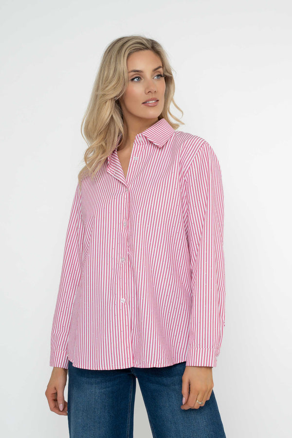Carraig Donn Pink Stripe Cotton Oversized Studded Long Sleeve Shirt