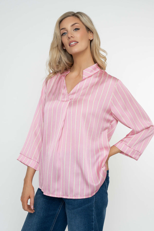 Carraig Donn Pink Stripe Print Sateen 3/4 Sleeve Blouse