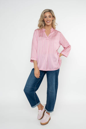 Carraig Donn Pink Stripe Print Sateen 3/4 Sleeve Blouse