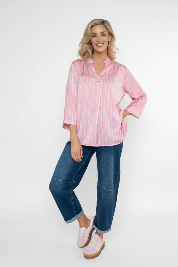Carraig Donn Pink Stripe Print Sateen 3/4 Sleeve Blouse