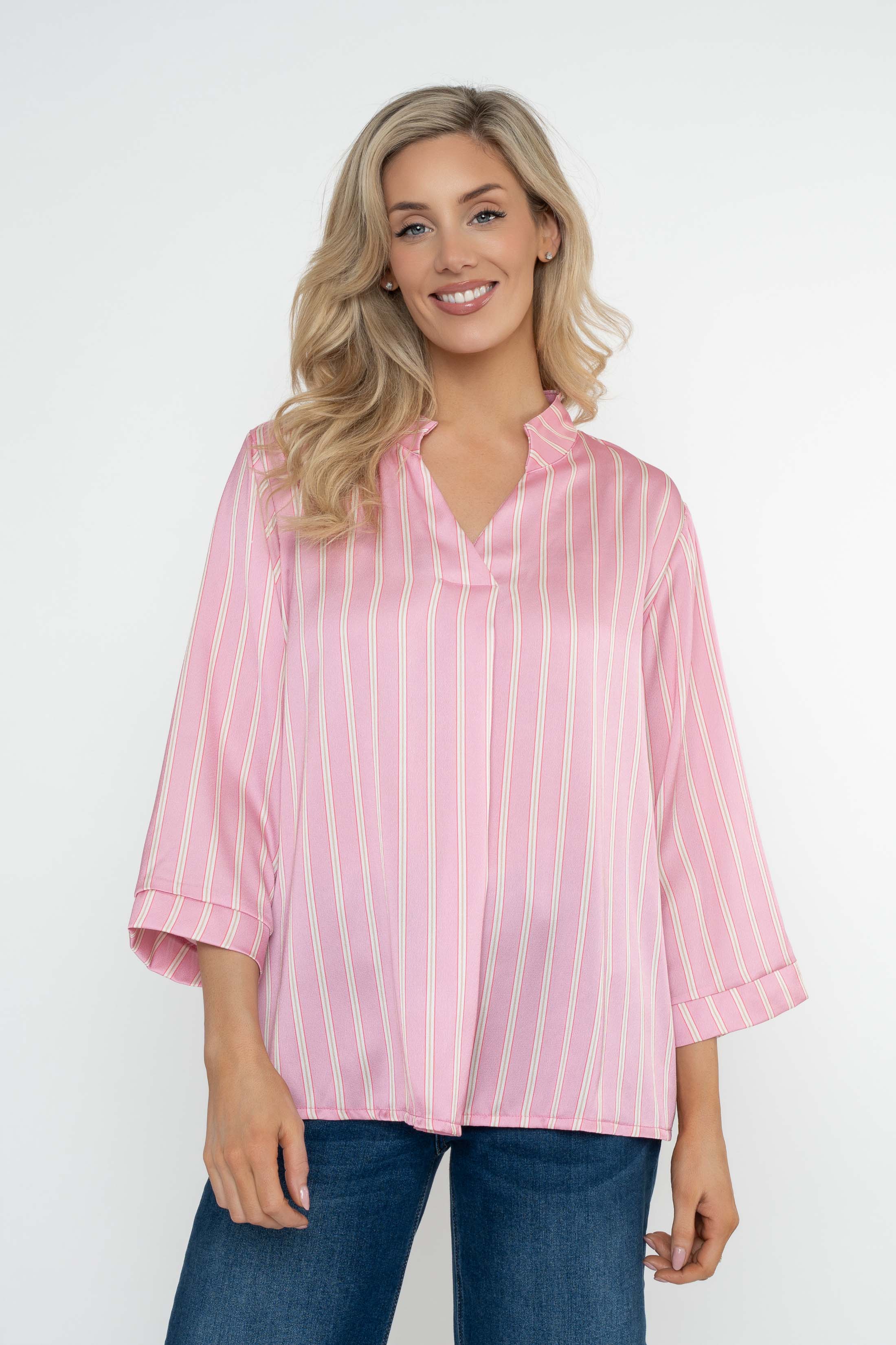 Pink Stripe Print Sateen Collarless 3/4 Sleeve Blouse