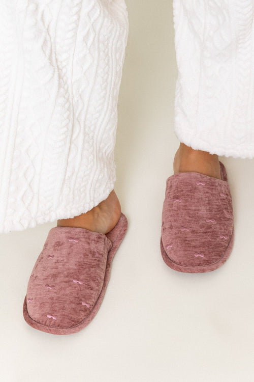 Pink Velour Embroidered Bow Faux Fur Lining Mule Slippers