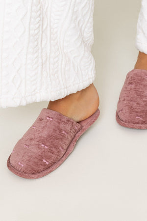Carraig Donn Pink Velour Embroidered Bow Faux Fur Lining Mule Slippers
