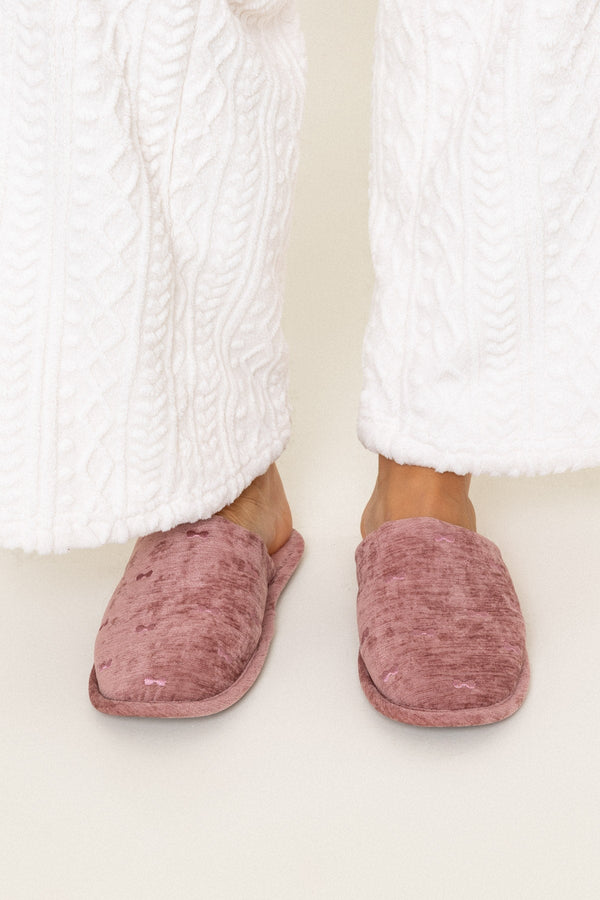 Carraig Donn Pink Velour Embroidered Bow Faux Fur Lining Mule Slippers