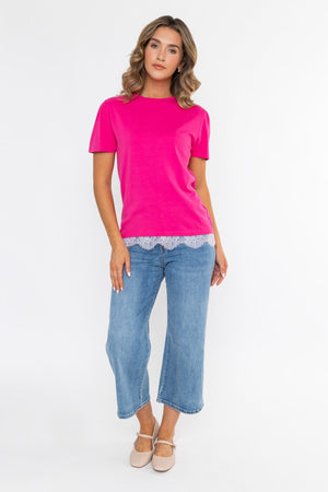 Carraig Donn Pink Viscose Blend Regular Fit Lace Trim Short Sleeve T-Shirt
