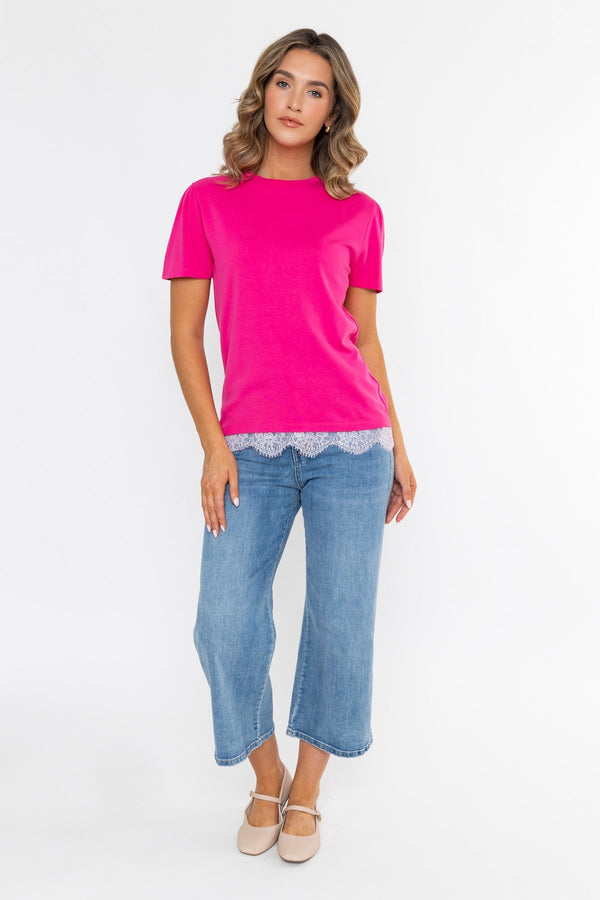 Carraig Donn Pink Viscose Blend Regular Fit Lace Trim Short Sleeve T-Shirt