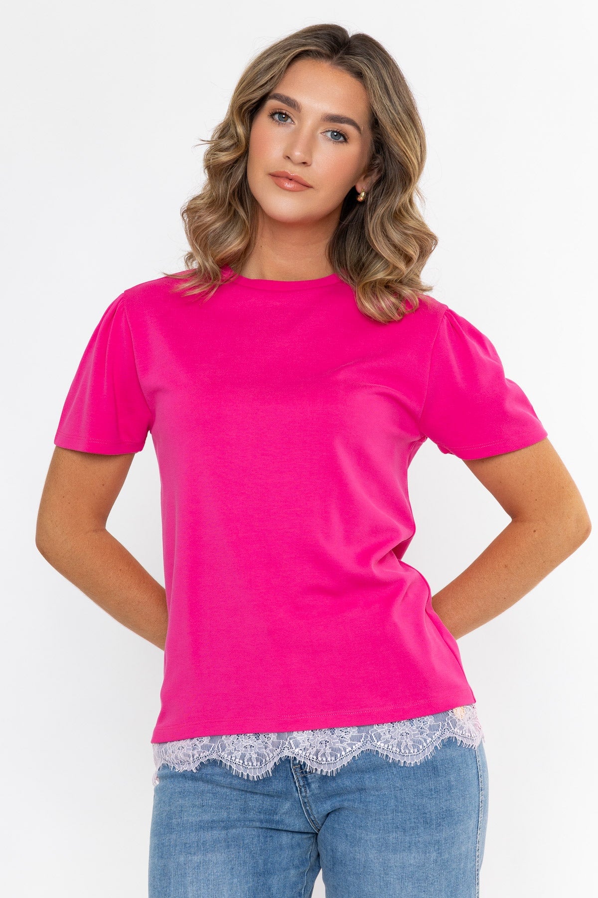 Pink Viscose Blend Regular Fit Lace Trim Short Sleeve T-Shirt
