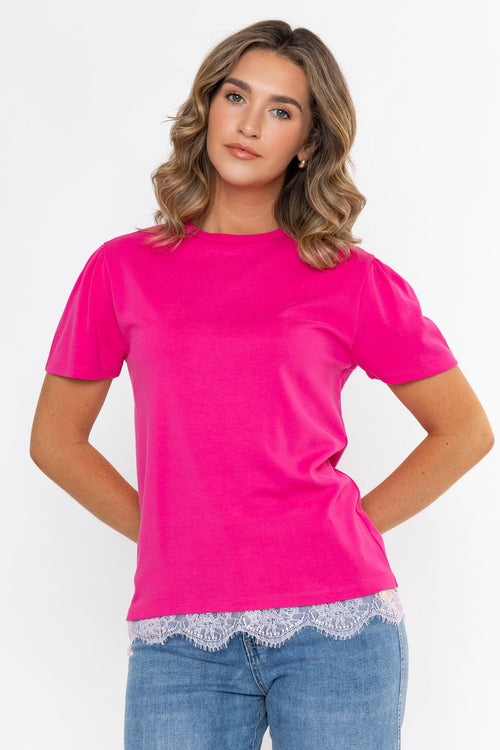 Pink Viscose Blend Regular Fit Lace Trim Short Sleeve T-Shirt