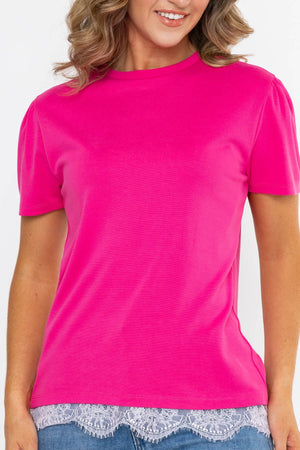 Carraig Donn Pink Viscose Blend Regular Fit Lace Trim Short Sleeve T-Shirt