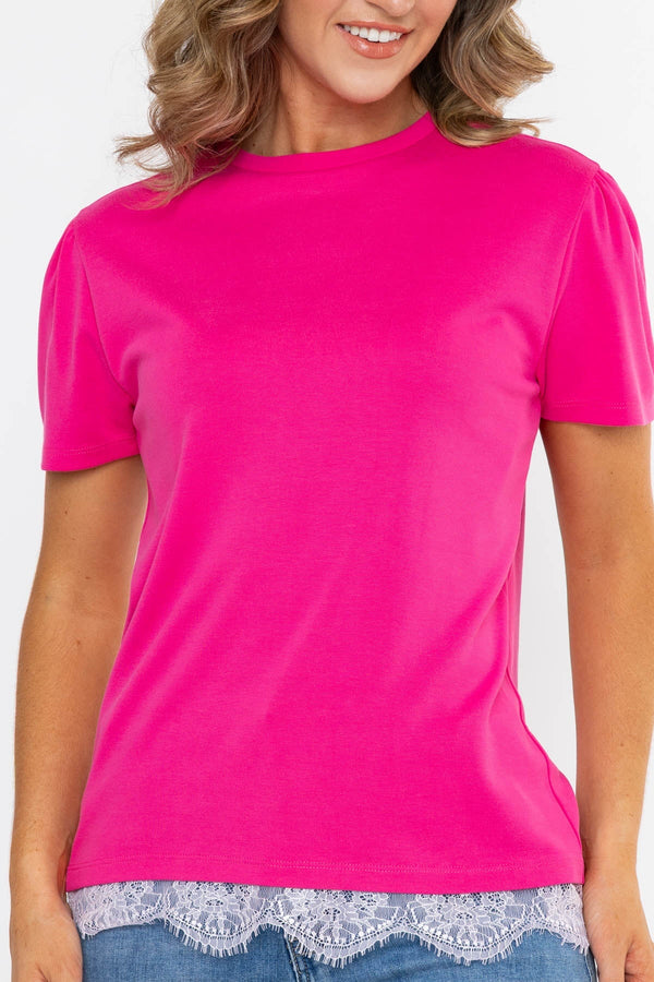 Carraig Donn Pink Viscose Blend Regular Fit Lace Trim Short Sleeve T-Shirt