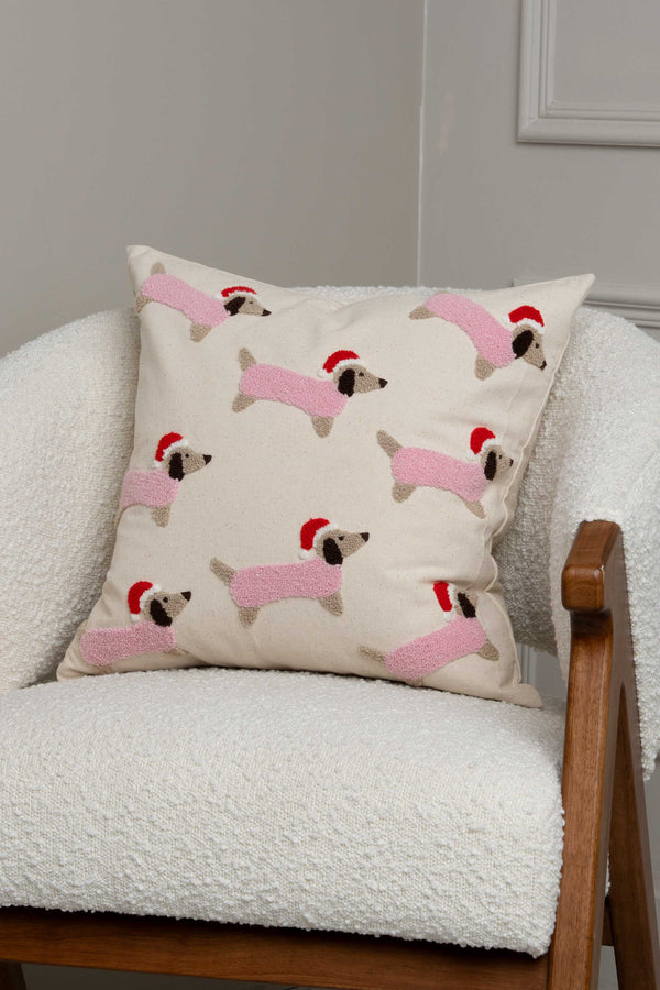 Carraig Donn Pink & White Dachshund Embroidered Square 45cm Cushion