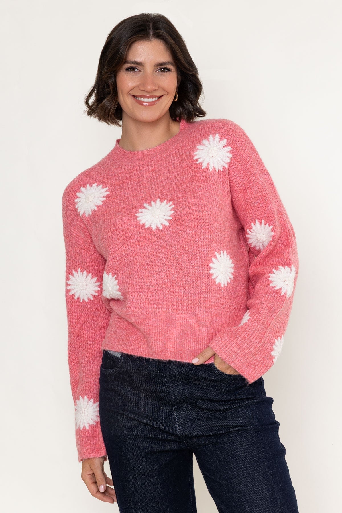 Pink & White Floral Applique Knitted Round Neck Long Sleeve Jumper