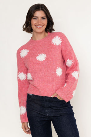 Carraig Donn Pink & White Floral Applique Knitted Round Neck Long Sleeve Jumper