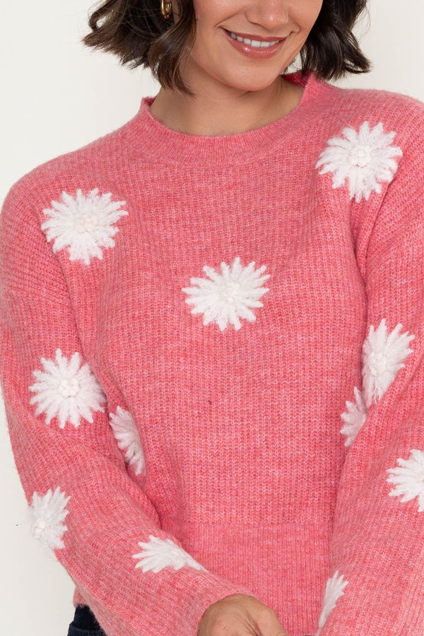Carraig Donn Pink & White Floral Applique Knitted Round Neck Long Sleeve Jumper