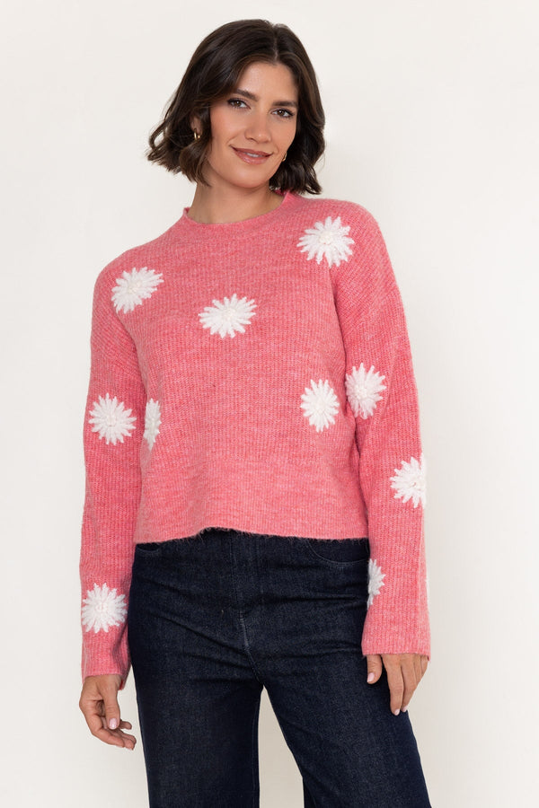Carraig Donn Pink & White Floral Applique Knitted Round Neck Long Sleeve Jumper