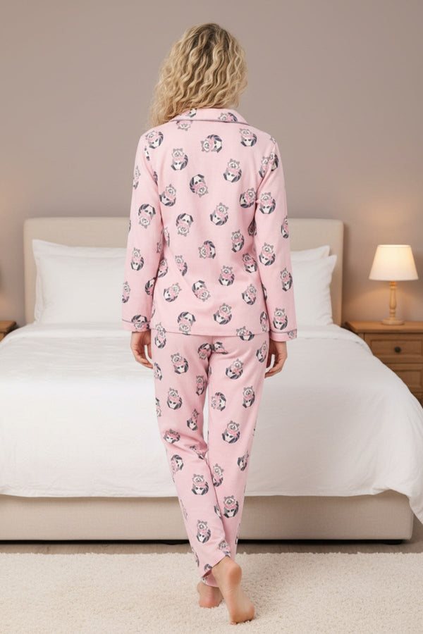 Carraig Donn Pink Wincey Cotton Racoon Print Long Sleeve Pyjama Set