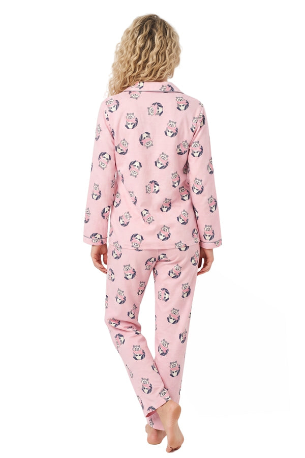 Carraig Donn Pink Wincey Cotton Racoon Print Long Sleeve Pyjama Set