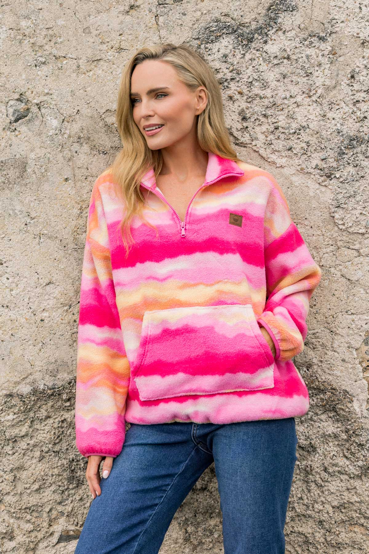 Pink & Yellow Print Bonded Sherpa Half Zip Fleece