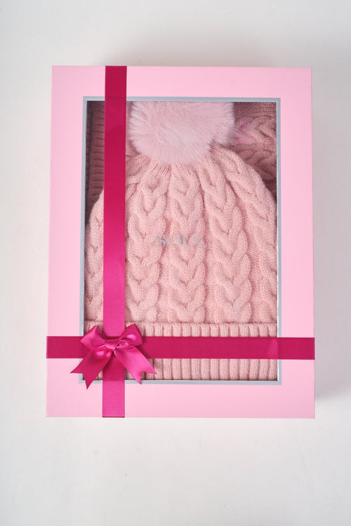 Pinked Cable Knit Pom Pom Beanie & Scarf Gift Set