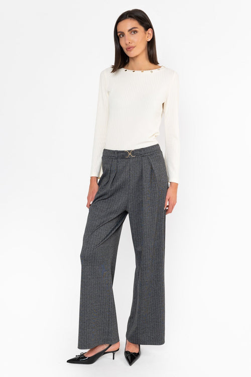 Grey Pinstripe Wide Leg High Waist Trousers