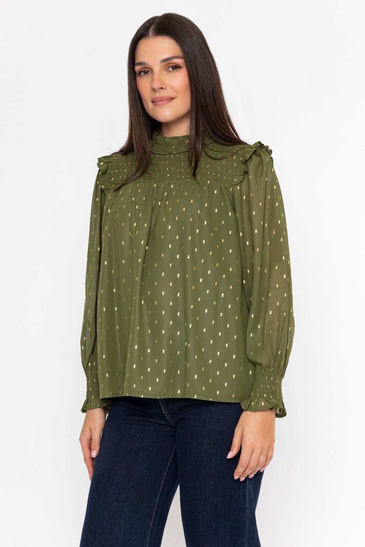 Olive Green Chiffon Gold Foil Smocked Ruffle Long Sleeve Blouse