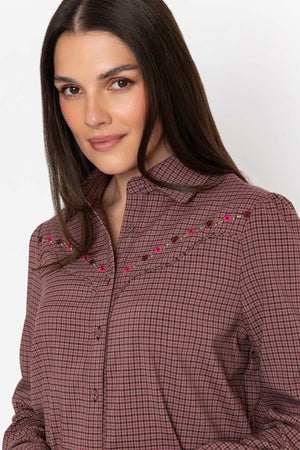 Carraig Donn Plum Checked Embroidered Detail Long Sleeve Shirt