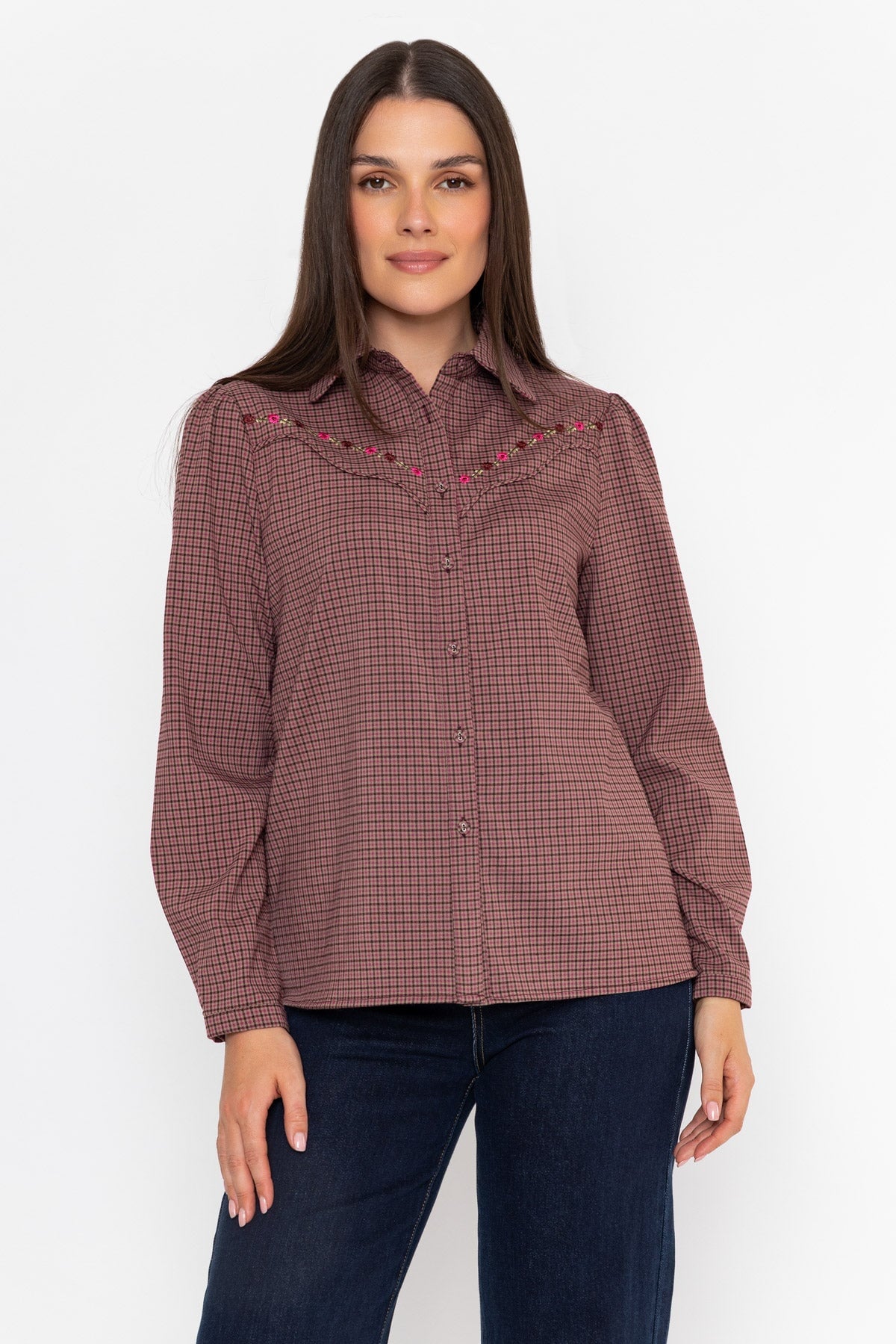 Plum Checked Embroidered Detail Long Sleeve Shirt